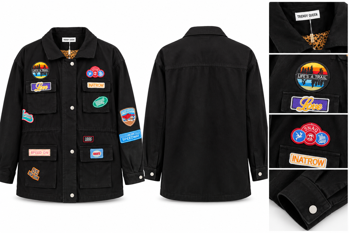 Μαύρο utility jacket με πολύχρωμα patches, εμπρός και πίσω, σε λευκό φόντο